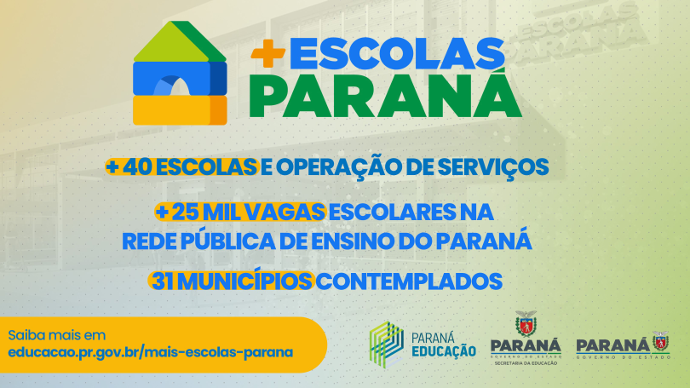 Imagem com informações sobre os municípios e escolas atendidas pelo Programa Mais Escolas Paraná.
