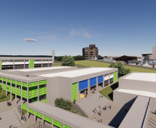 Imagem aérea do prédio escolar.