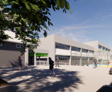 Imagem do pátio externo do prédio escolar.