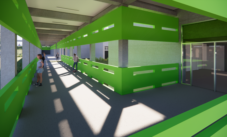 Imagem dos corredores internos da escola.