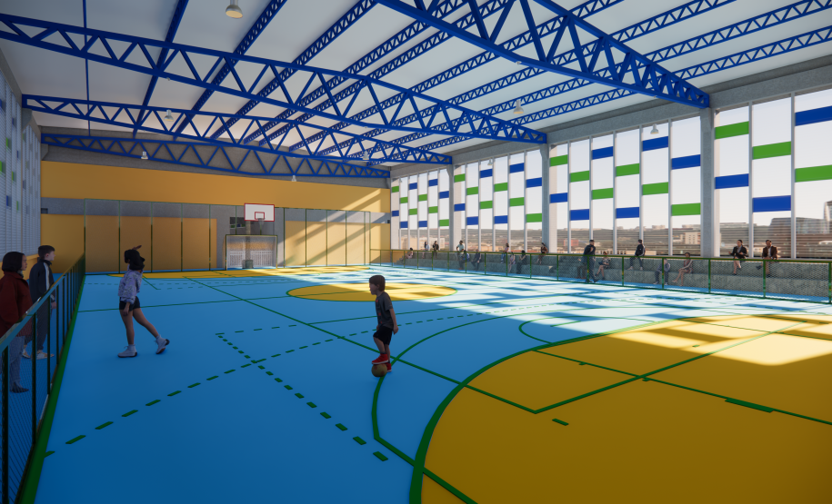 Imagem da quadra de esportes do prédio escolar.